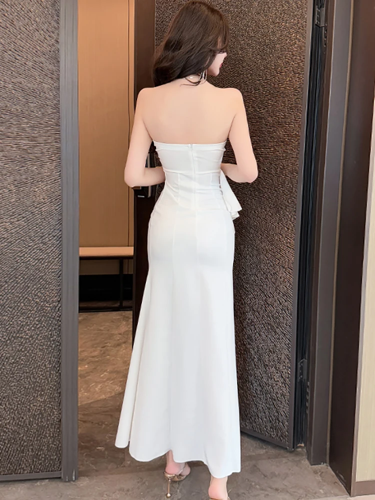Zomer witte strik bodycon ruches split lange jurk damesmode chique borstverpakking sexy jurk 2025, elegante luxe avondjurk