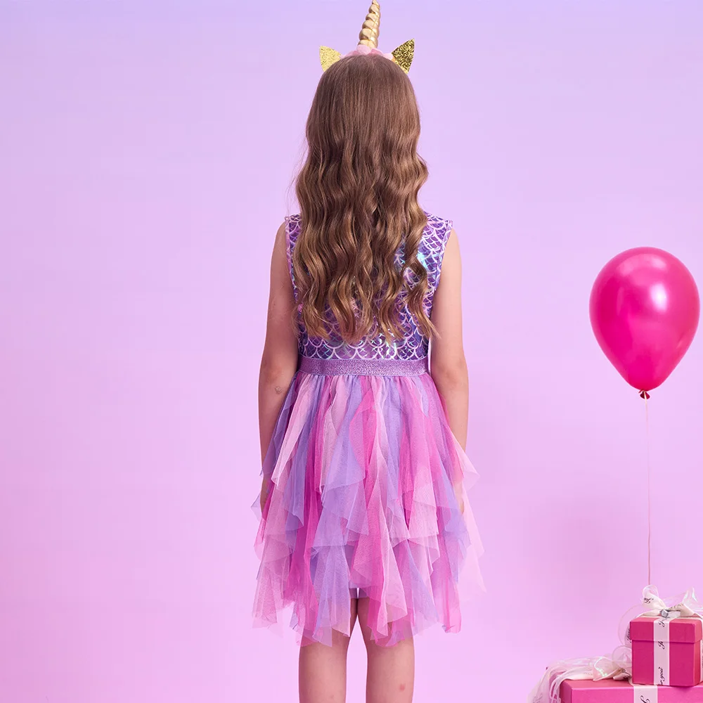 VIKITA Kinder Sommer Ärmellose Kleider Mädchen Meerjungfrauenkleid Mädchen Geburtstagsparty Tutu Mesh Mehrschichtige Kleider Kinderkleidung 3-8 Jahre – Detail 12