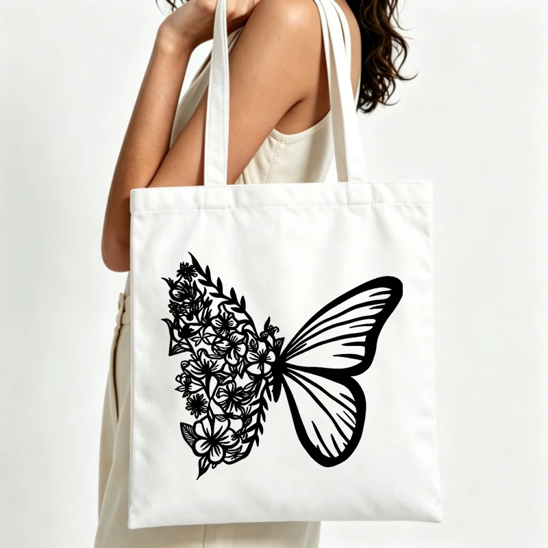 butterfly and floral print canvas tote bag, casual style for daily shopping and summer outings