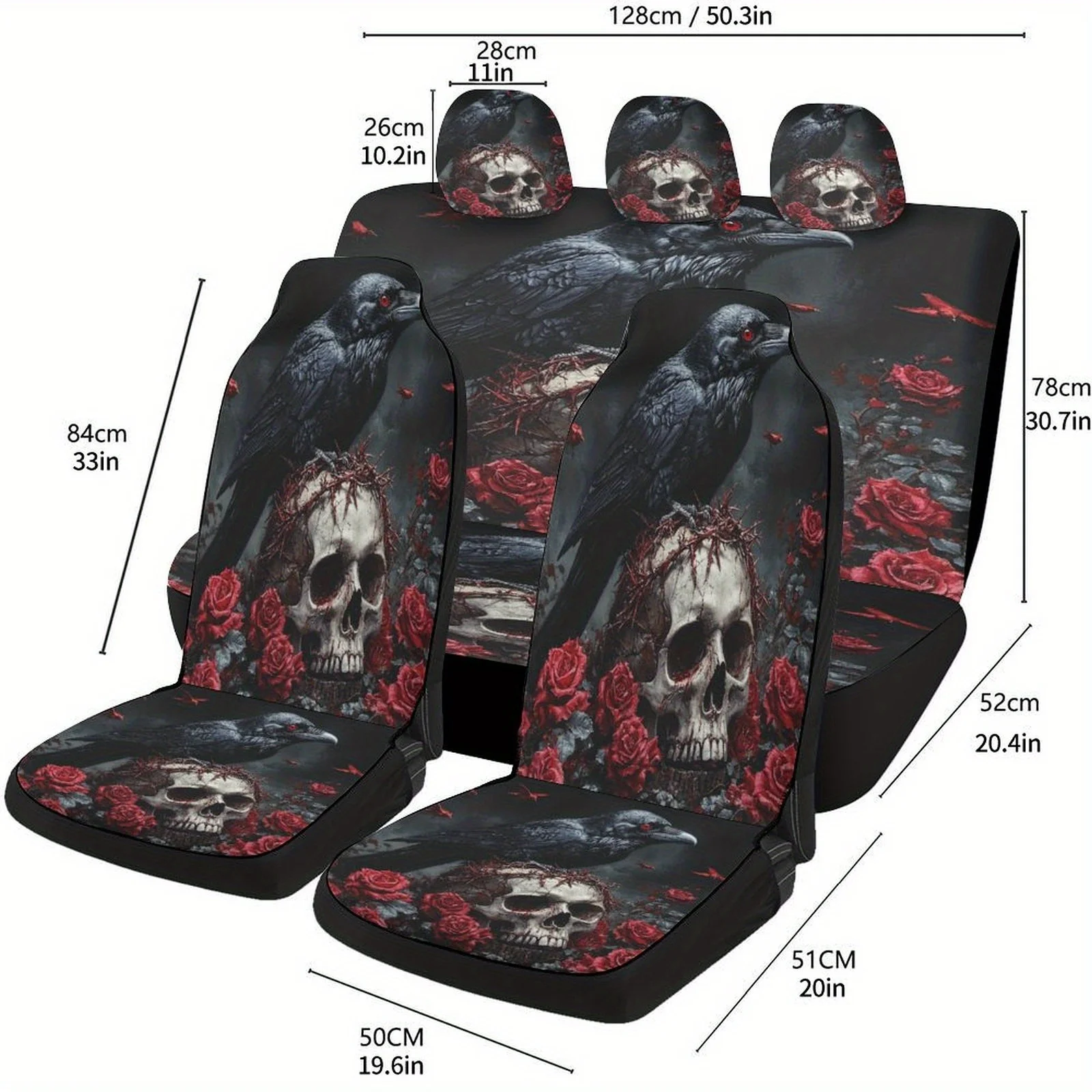 

[Trendy Car Seat Cover Set] Trendy Crow And Skull Roses Themed Car Seat Cover Set | Universal Full Set For Most Cars | 2 Front S