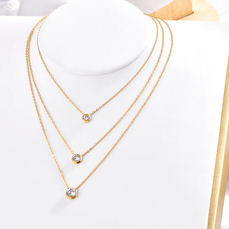 European and American New Round Zircon Single-Layer Necklace for Women Ins Trendy Versatile Diamond Clavicle Chain Fashionable Titanium Steel Necklace