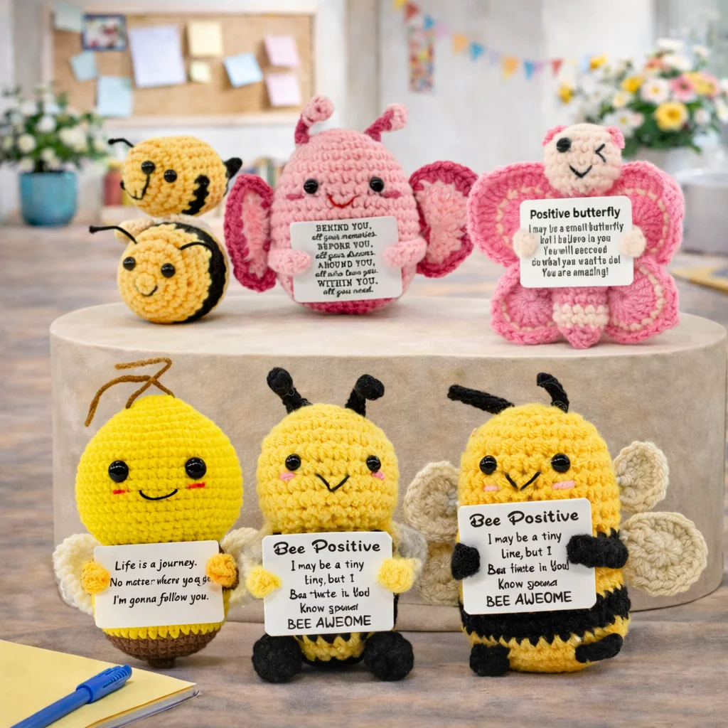AnimalSeries Positive Energy Bee Butterfly Crochet Doll Handmade Knitted Decor Ornament with Encouragement Card Mini Desk Gift