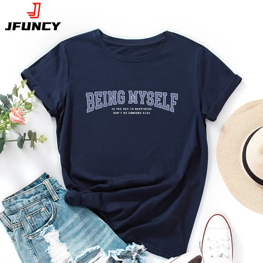 

JFUNCY Women Cotton T-shirt Short Sleeve Female Tshirt Clothing 2024 Summer Woman Tee Shirt Top Fashion Letter Graphic T Shirts