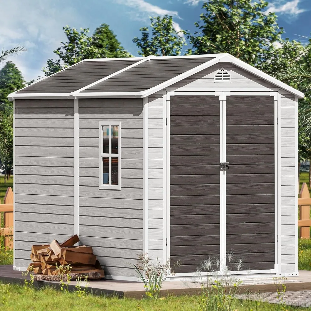 8X6 FT Storage Shed, Resin Outdoor Storage Shed with Floor & Lockable Doors, All Weather Plastic Lean to Shed with Window