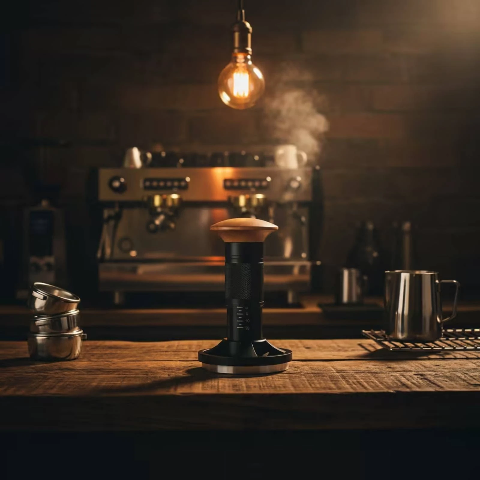 Spring-Loaded Espresso Tamper Automatic Rebound Espresso Tamper with Wooden Handle Ergonomic Long-Lasting for Baristas, Cafes