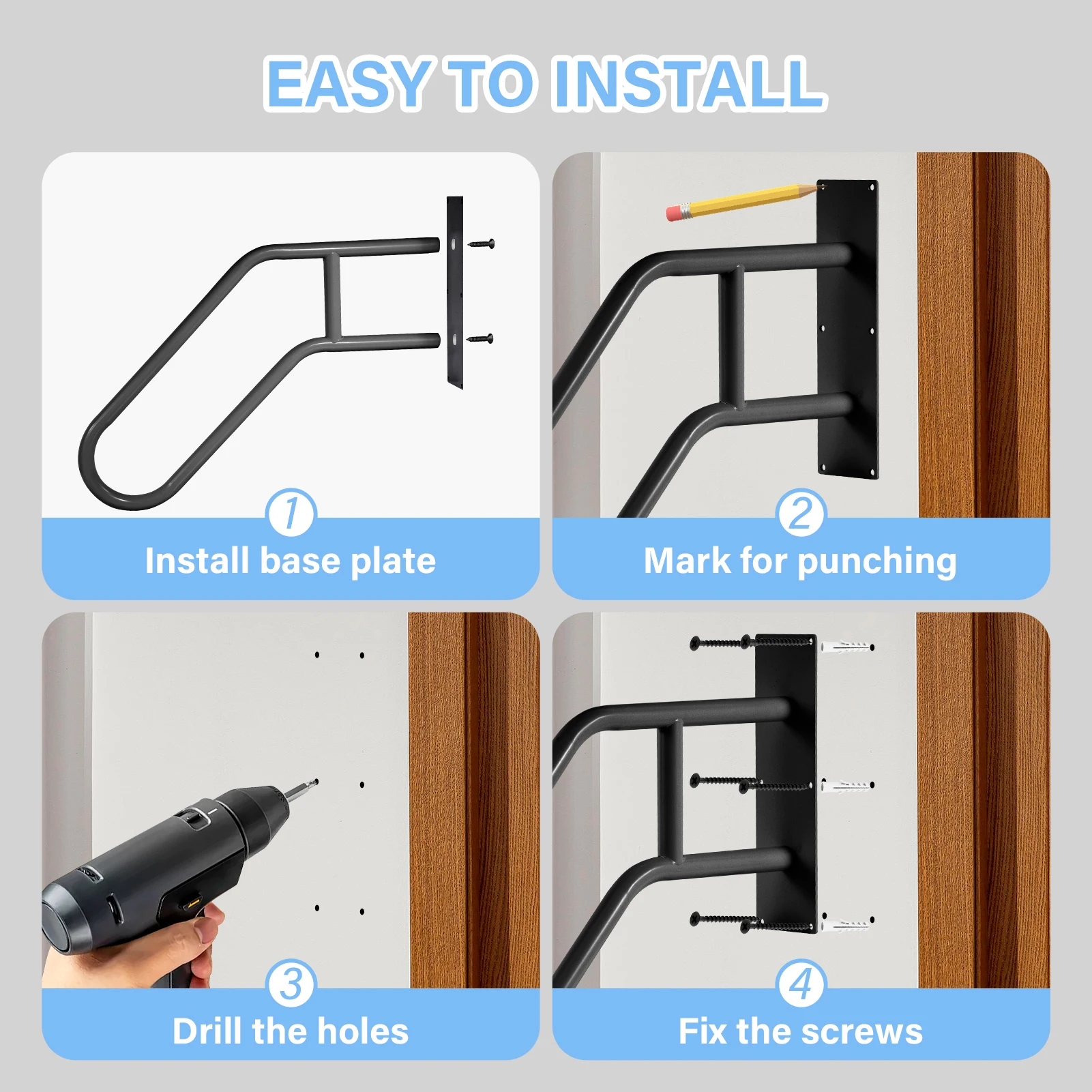 Sturdy Metal Handrails for 1-3 Steps, 2-Pack U-Shaped Grab Bars for Porch, Deck - Weatherproof Wall-Mounted Safety Rails