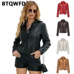BTQWFD-chaqueta de cuero con remaches para mujer, abrigos de motociclista, ropa femenina con cremallera, prendas de vestir exteriores a la moda, otoño, invierno y primavera, 2024
