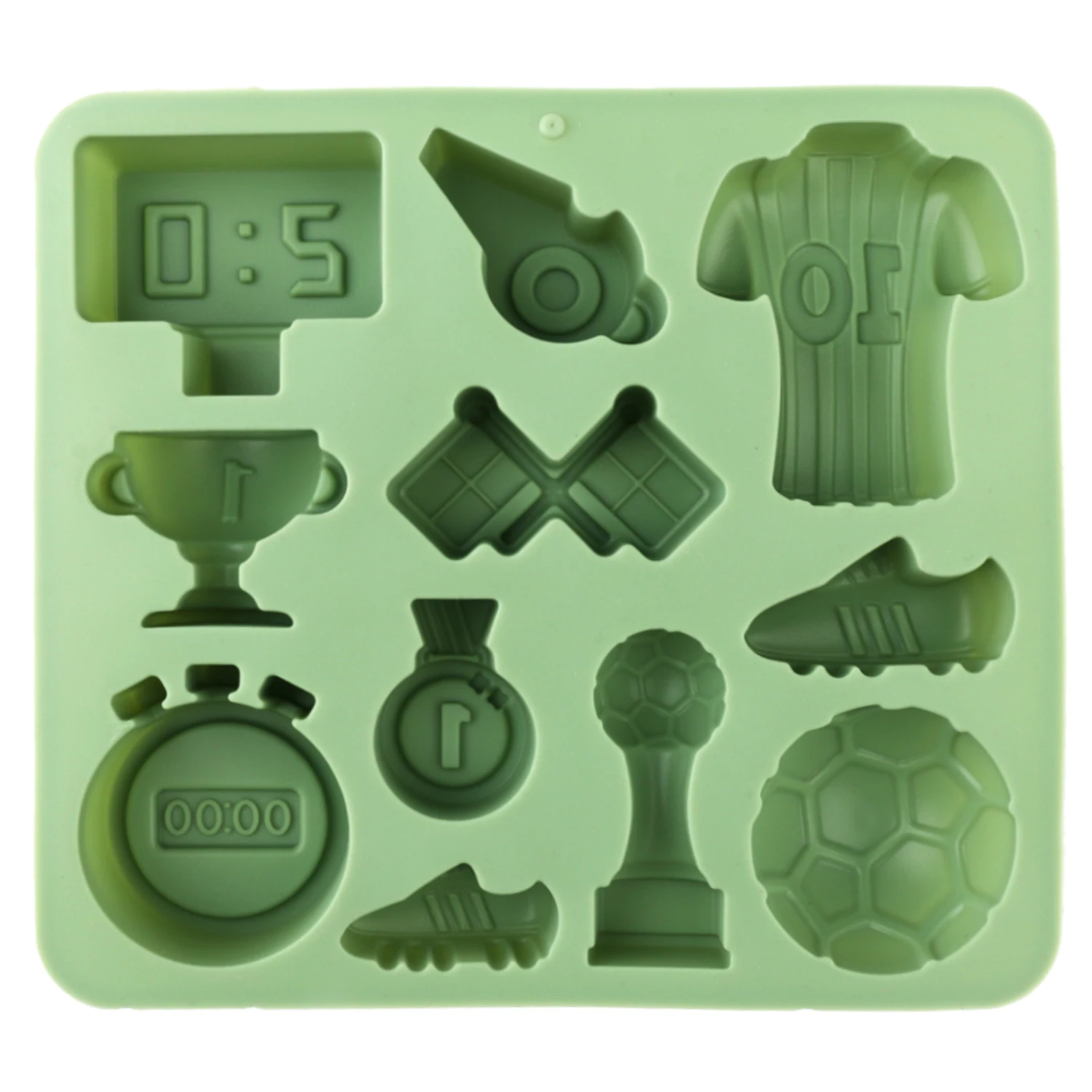 1 green football-themed silicone baking mold, featuring designs such as a trophy, number 10 jersey, football shoes, scoreboard, etc., can be used for making cupcakes, chocolates, cake decorations, ice cubes, candies, etc. Made of food-grade silicone, non-stick and easy to release, suitable for beginners' DIY baking, a creative baking mold - view 5