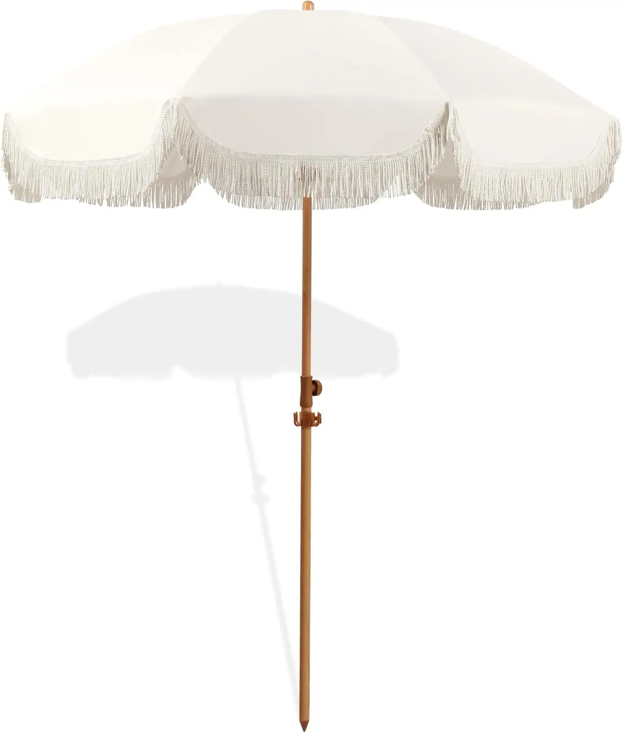 

6.5ft Elegant Cream Patio Umbrella with Fringe, Tilting Aluminum Pole, UV 50+, Fiberglass Ribs for Outdoor Beach Use