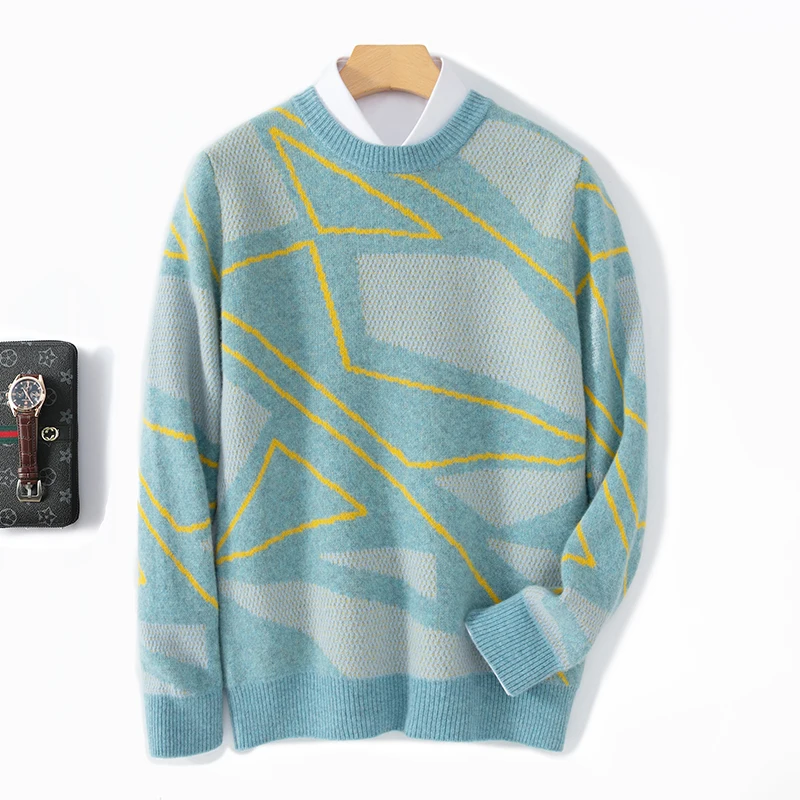 Autumn Winter Wool Men's Round Neck Color Matching Sweater Thickened Jacquard Business Casual Cashmere Knitted Bottoming Shirt