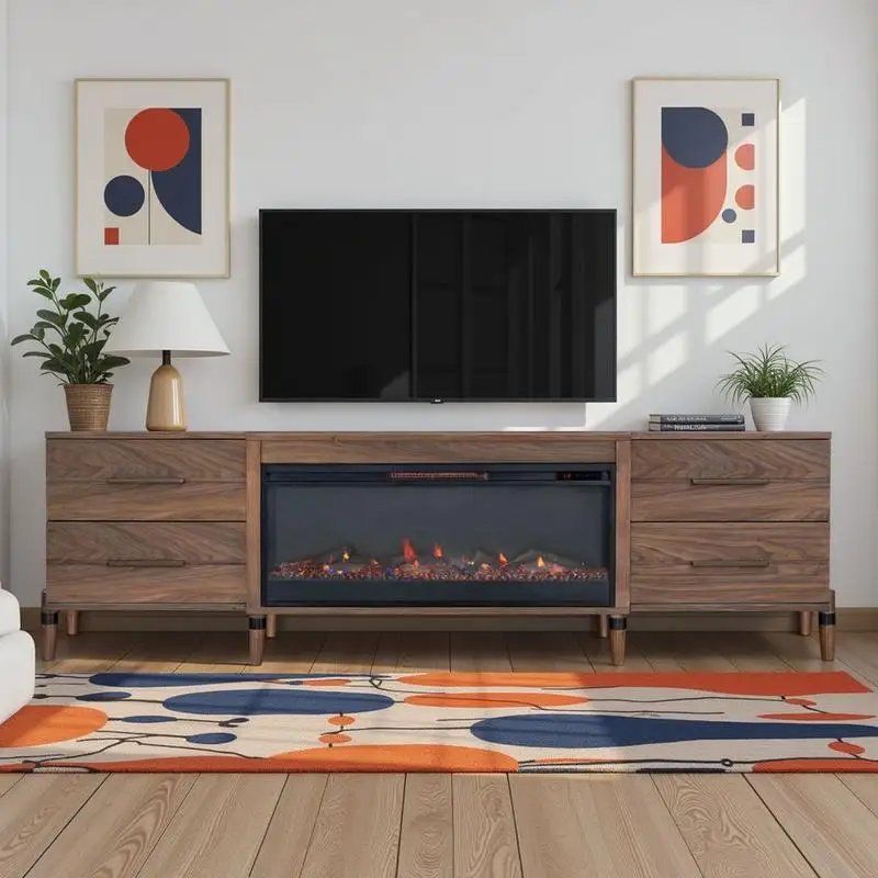 حامل تلفزيون مدفأة مقاس 94 بوصة لأجهزة التلفاز حتى 100 بوصة، سهل التجميع، لمسة نهائية من خشب الجوز، مركز ترفيه أنيق وعملي #1