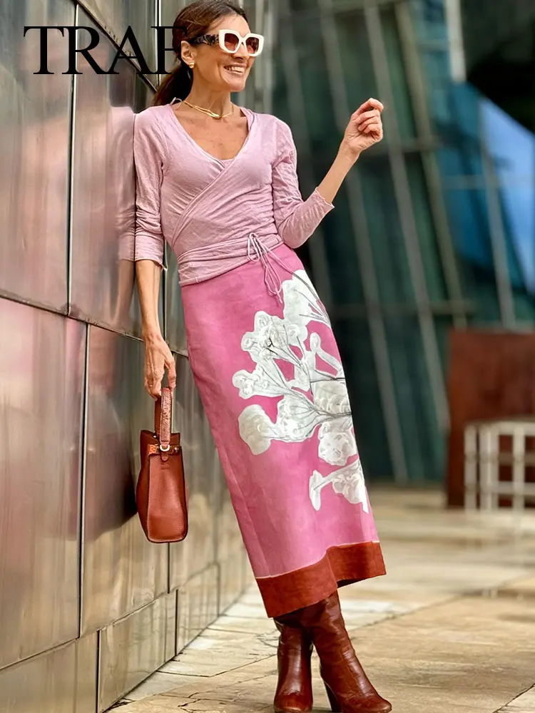 TRAF Woman\'s New Fashion Summer A-Line Skirt Print Mid-Waist Slit Zipper Long Skirt Female Vintage Holiday Style Straight Skirts