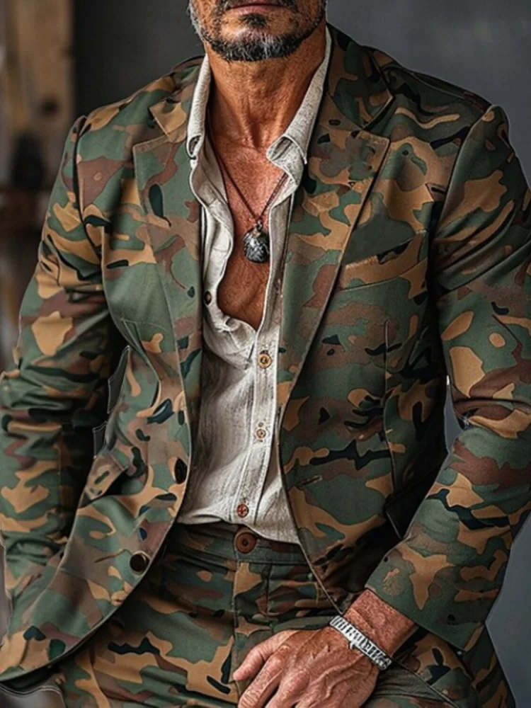 Men's Camouflage Print Jacket Single Breasted Slim Fit Military Style Casual Outwear