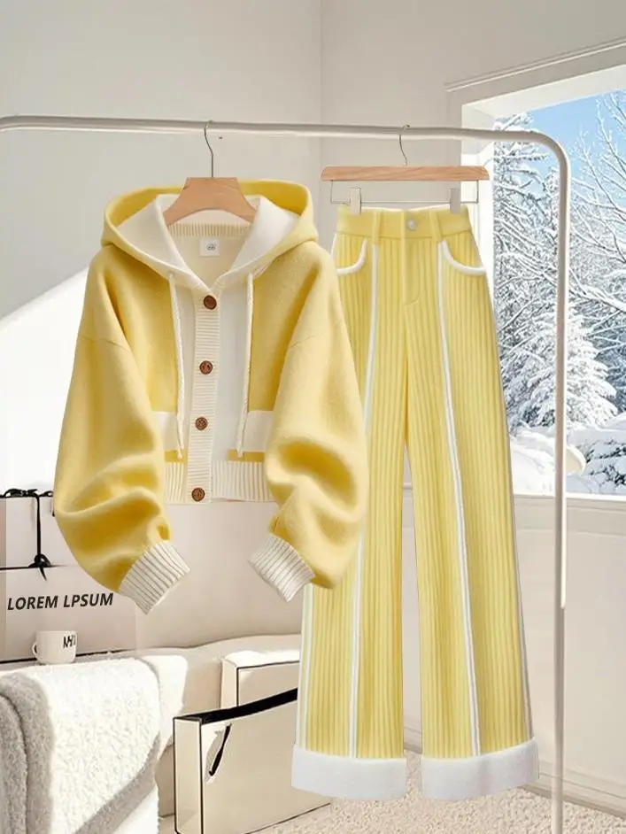 Korean Style Yellow Sweater Wide Leg Pants Two Piece Set Fashionable Elegant Winter Outfit Complete Look Stunning
