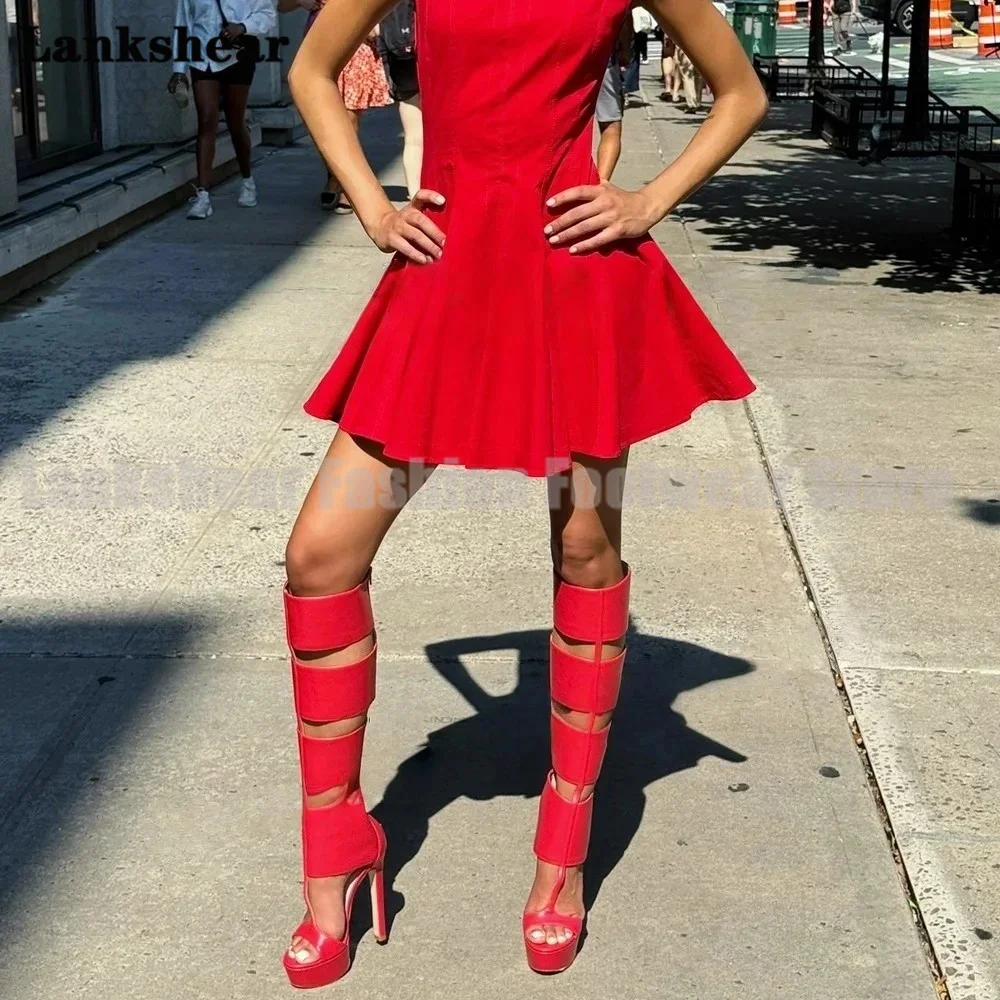 

Cut Outs Platform Knee High Sandals Boots Thin High Heels Solid Zipper Knee High Women Summer Shoes Sandalias De Mujer Verano