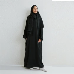 Muslim Abaya Prayer Dress Islamic Clothing Women Jilbab One-piece Hooded Smocking Sleeve Dubai Saudi Black Robe Turkish Modesty