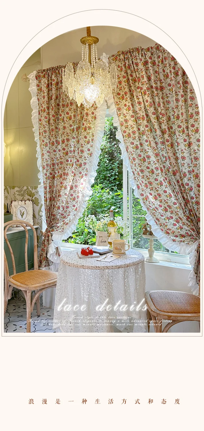 Amerikanische Rüschen vorhänge, bedruckte Rosen schlafzimmer im französischen Landschafts stil aus Spitze, Erkerfenster im Ins-Stil, Bildschirm vorhänge – Detail 4