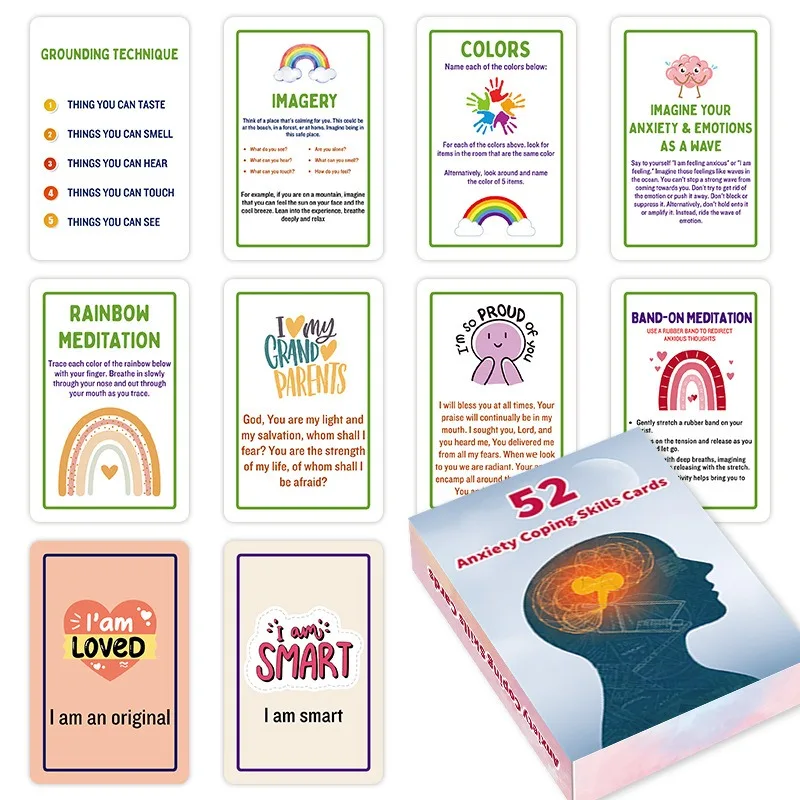 Portable 52 Anxiety Relief Skill Cards Emotional Balance Self Improvement Cards Daily Stress Control Mind Therapy Cards