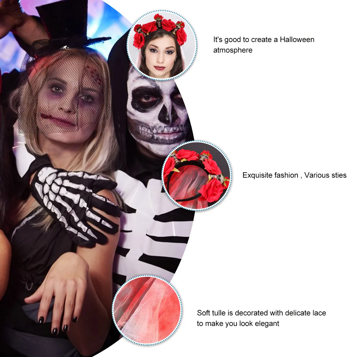 

Halloween Head Accessories Simulated Rose Headdress Pink Headband Skull Headwear Red Hair Hoop Women's