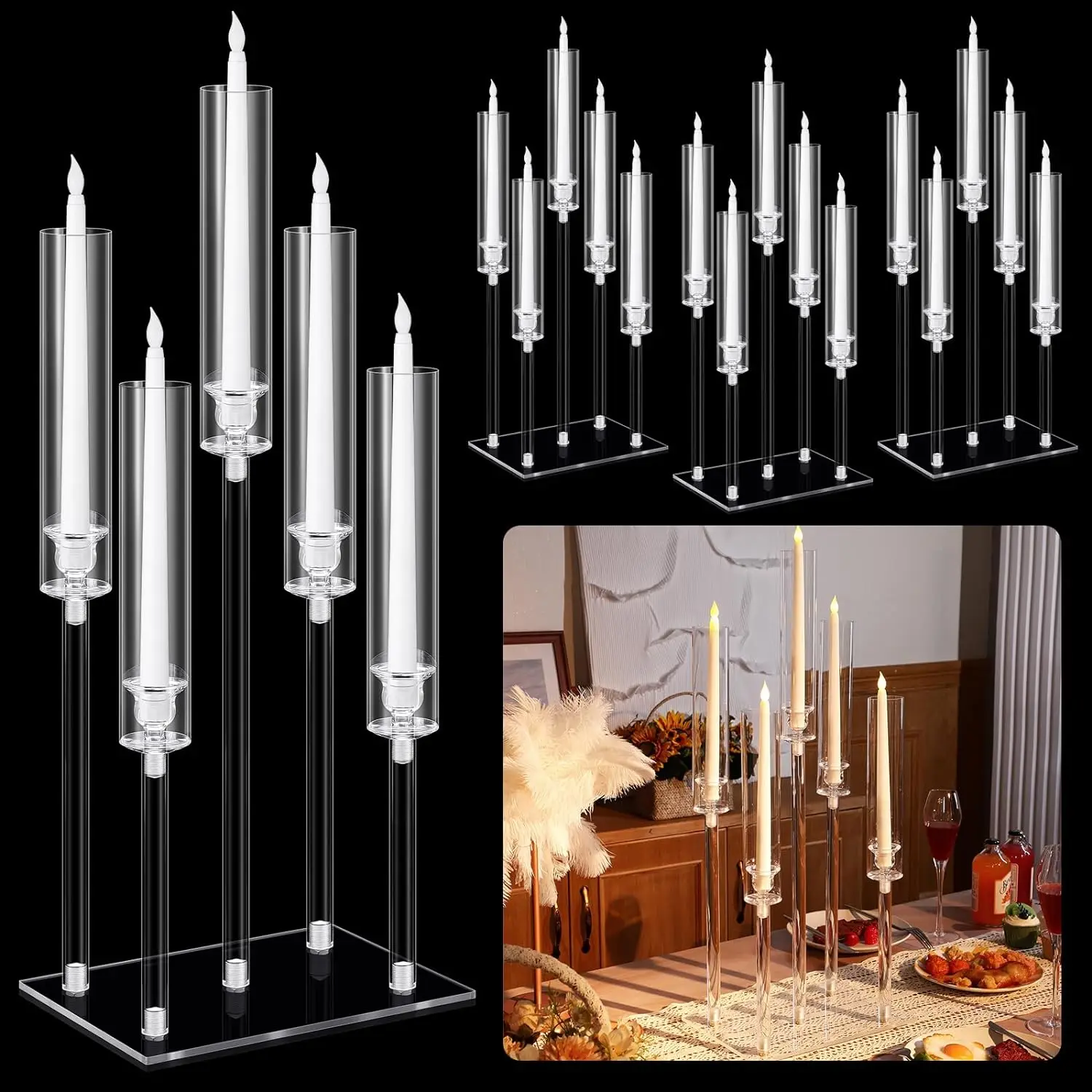 1 Set Acrylic Candelabra Centerpieces with LED Candles 5 Arm Clear Candle Holder Crystal Taper Candlestick with Rectangular Base