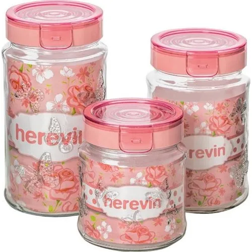 Herevin Three Sizes Clip Fresh Cover Pink Jar Set