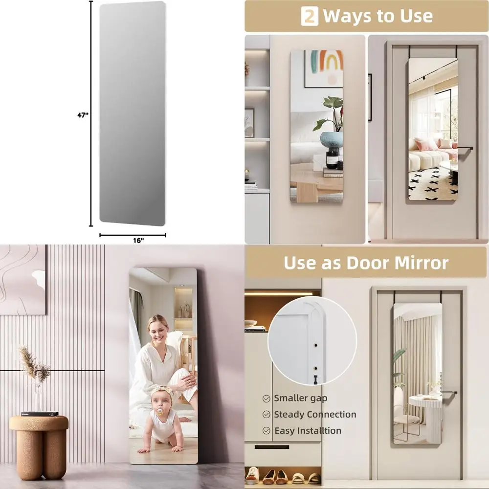 

47x16 Wall-Mounted Over-the-Door Mirror for Bedroom, Living Room, or Cloakroom in Round White Design