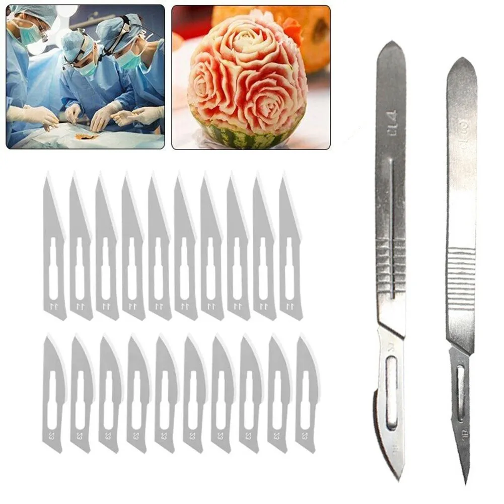45 50mm Blade 2pcs Handle & 20pcs Blades Carbon Steel Curved Cutting Edge Stainless Steel Handle Set Practical
