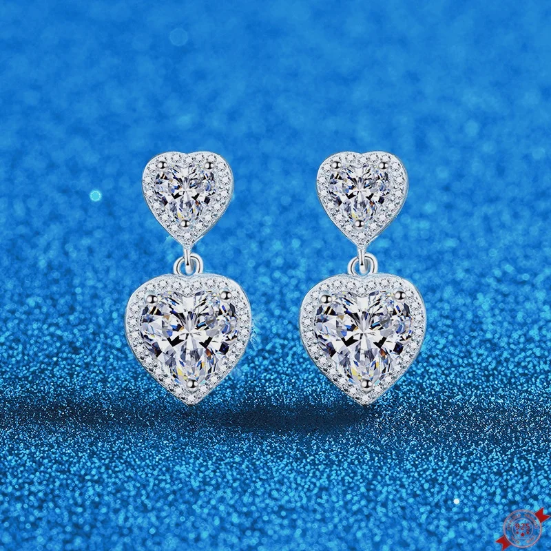 

5.0ct Moissanite S925 Sterling Silver Stud Earring for Women Plated Platinum Double Love Heart Ear Studs Jewelry Wholesale