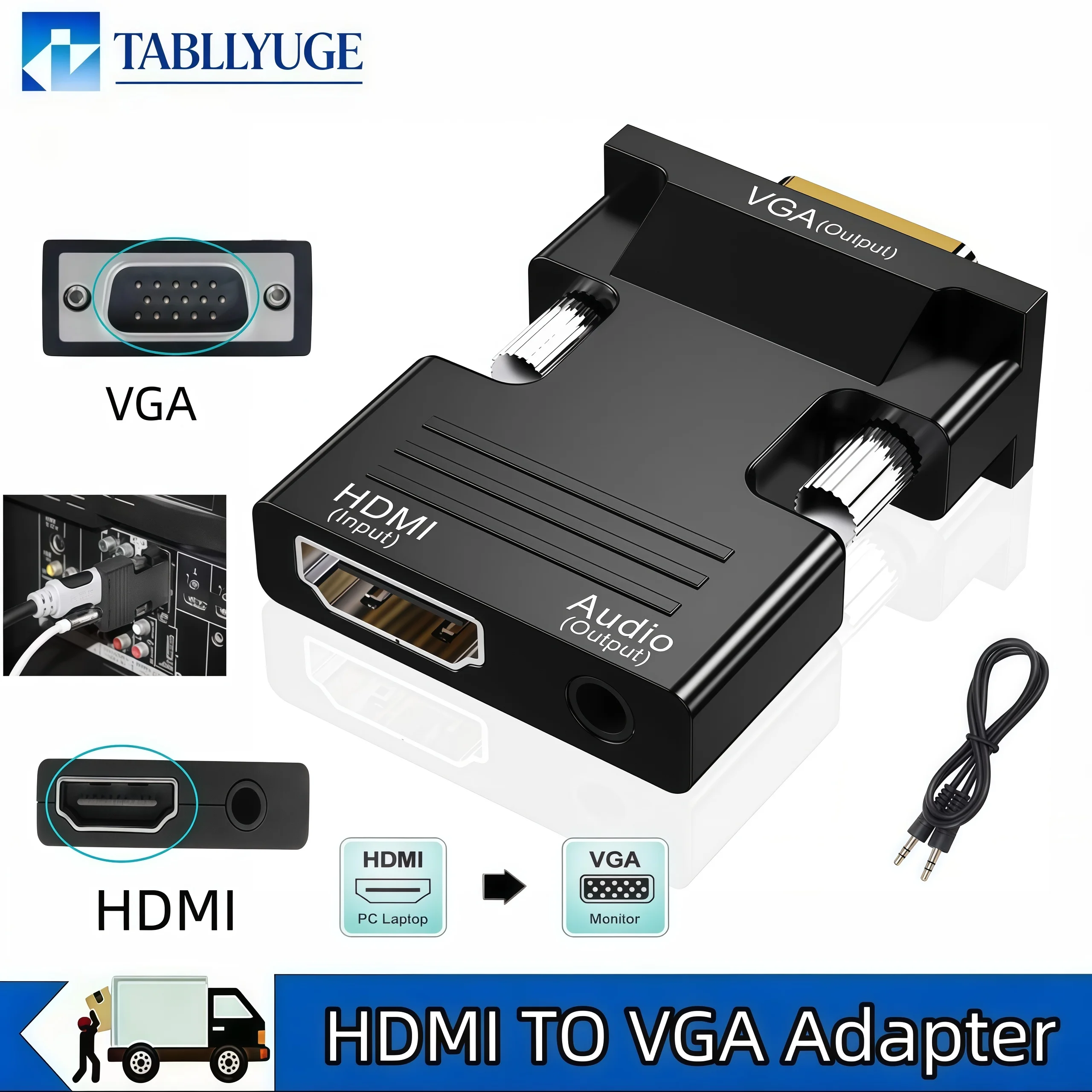 HDMI-compatible Female To VGA Male Converter with 3.5mm Audio Cable for PS4 Monitor Projector PC Laptop 1080P HD To VGA Adapt