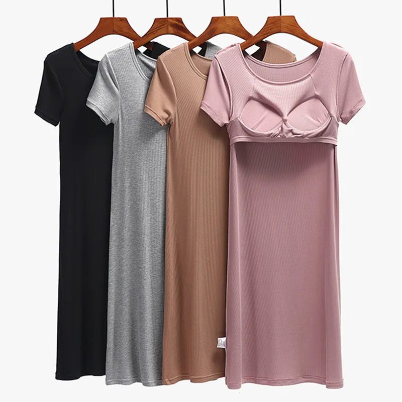 Casual Women's Nightshirt Summer Modal Short Sleeved Nightdress Chest Pad Medium Length Dress Ladies Housewear Nightgowns