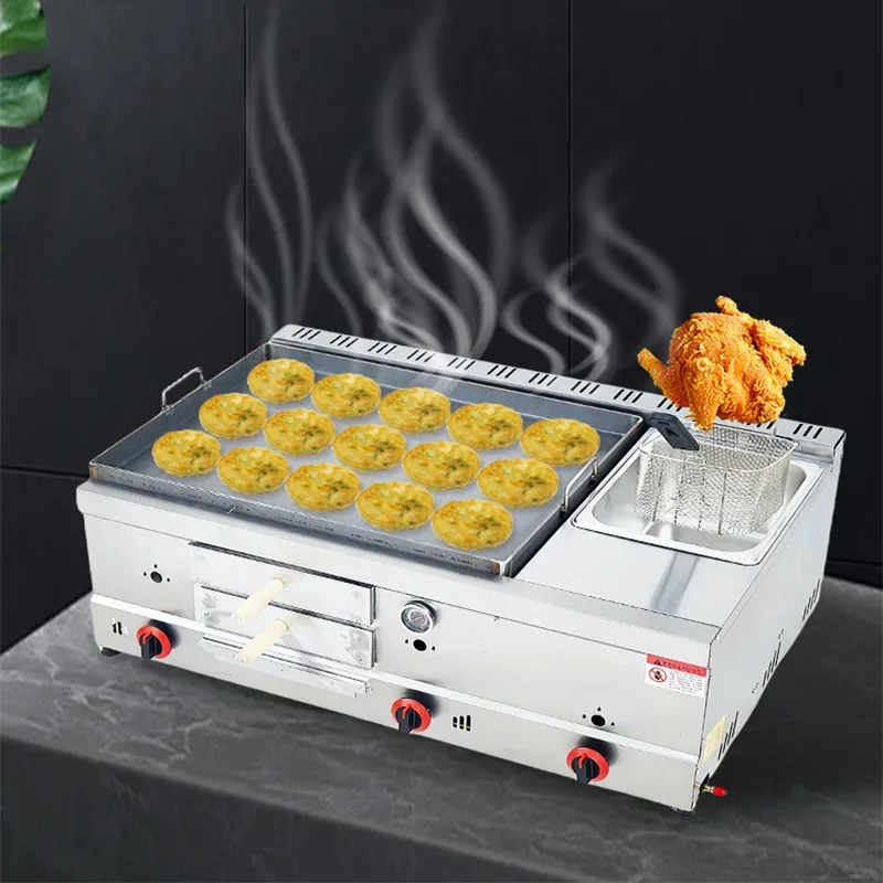 Commercial Stainless Steel Gas Griddle and Grill Combo, 3-in-1 Workstation, Deep Fryer, Teppanyaki Grill for Steaks(Customized)