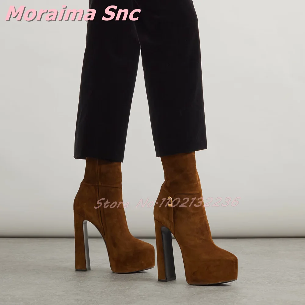 Suede Leather Platform Ankle Boots Pointed Toe Metal Buckle Decor Block High Heeled Fashion Women Short Boots Autumn Winter 2026
