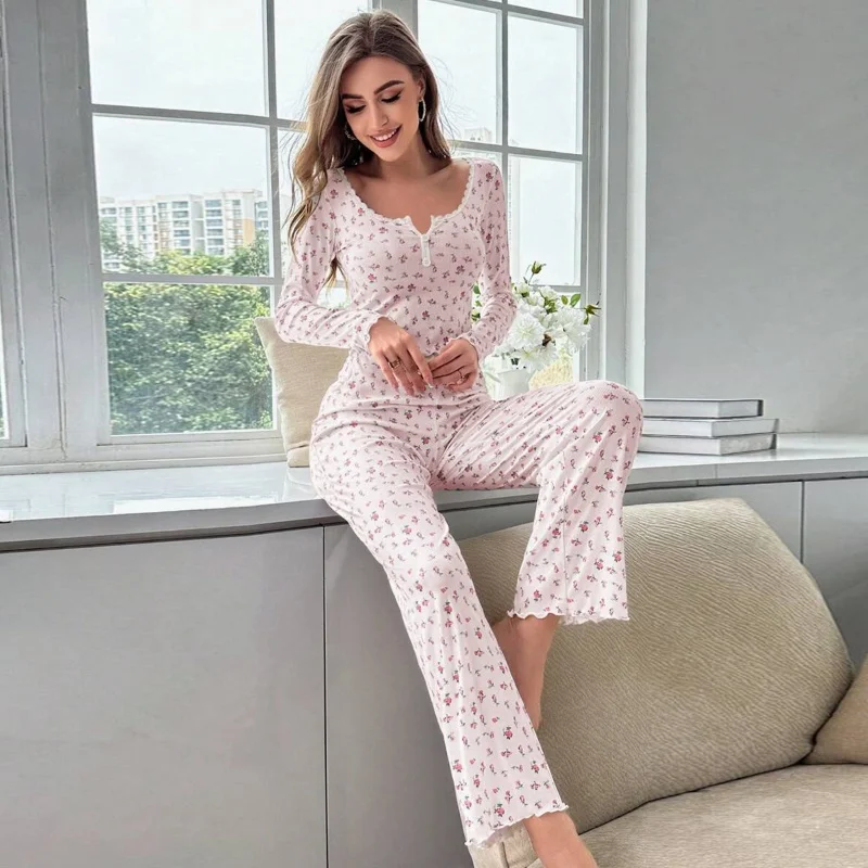 New Autumn and Winter Ladies Sexy European and American Pajamas Homewear Suit Fashion Long-Sleeved Trousers Pajamas Homewear