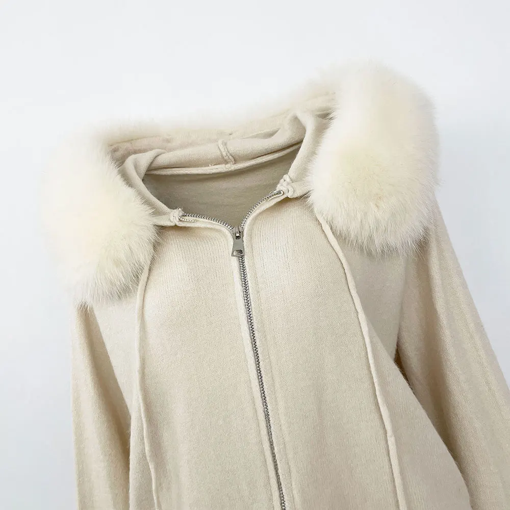 Detachable Fox Fur Collar Fur Coat 2024 Autumn and Winter Fashionable Sweater Suit Women Knitwear Trousers Hooded Jacket