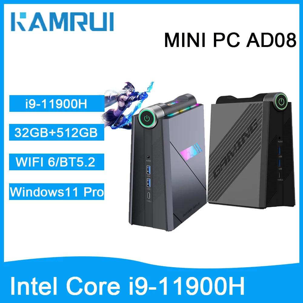 KAMRUI Mini PC Gaming Intel Core i9-11900H RAM 16/32GB DDR4 512GB/1TB SSD Win11 PRO RGB Light WiFi6/BT5.2 Gamer Desktop Computer
