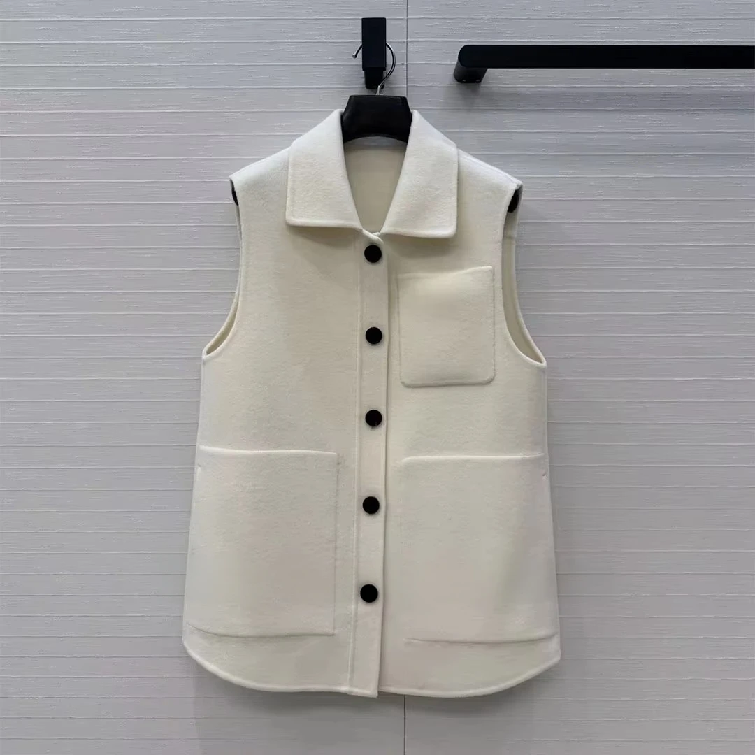 2026 New Fall Winter Double Sided Woolen Tank Coat Women Lapel Sleeveless Single Breasted Pockets Solid Color Chic Long Vest