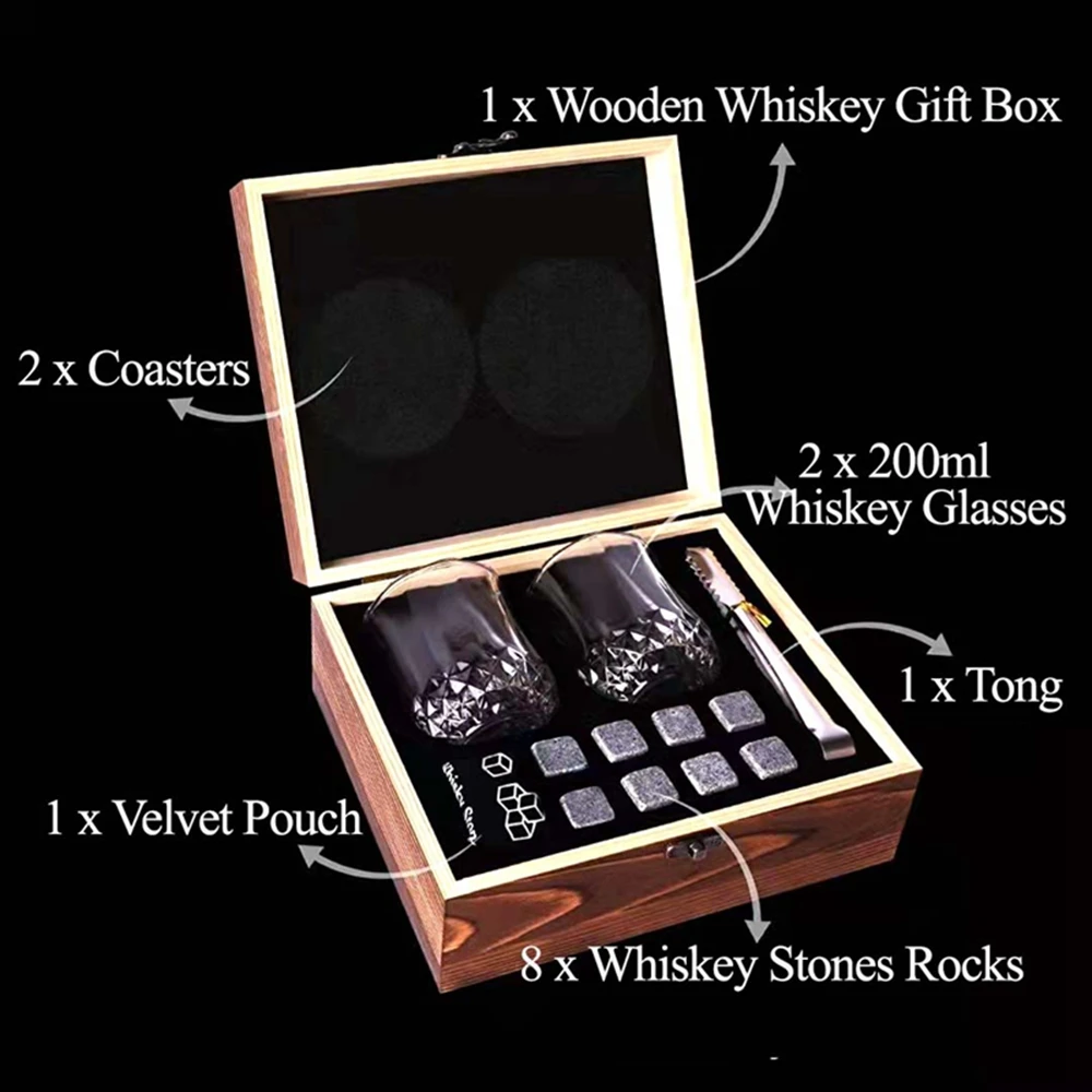 Whiskey Glasses Luxury Set Reusable Ice Cubes Stone for Whisky Scotch Rock Whiskey Wooden Men Gift Set Bar Accessories Home Bar