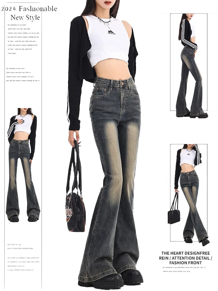 American Retro Blue Bell Bot Jeans Women's High Waist Straight Leg Slim Fit  Hoof Floor Length Pants Summer New Arrival