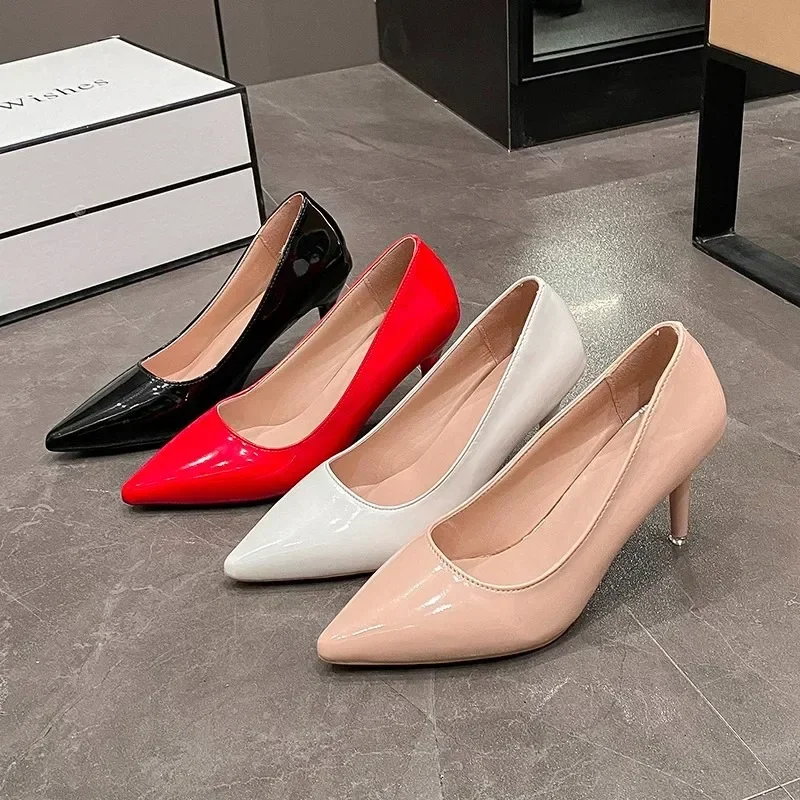 Chaussures pointues en cuir verni à talons hauts fins pour femmes, polyvalentes, décontractées, travail, banquet, simples, 2024