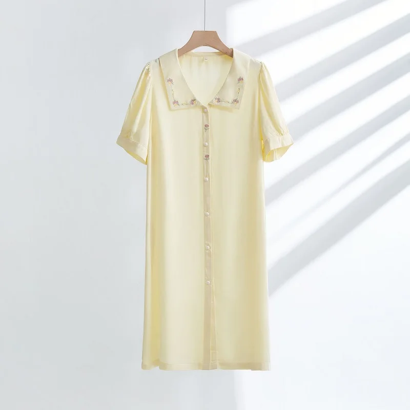 Sweet Yellow Color 100% Viscose Women\'s  Nightgowns  Embroidery Collar Cardigan  Summer Short Sleeve Sleepwear Home Loose Dress