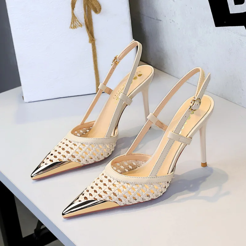 New Fashionable Hollow Weaving Fine Heel Sandals with Women's High Grade, Metal Pointed Straight Strap High Heels