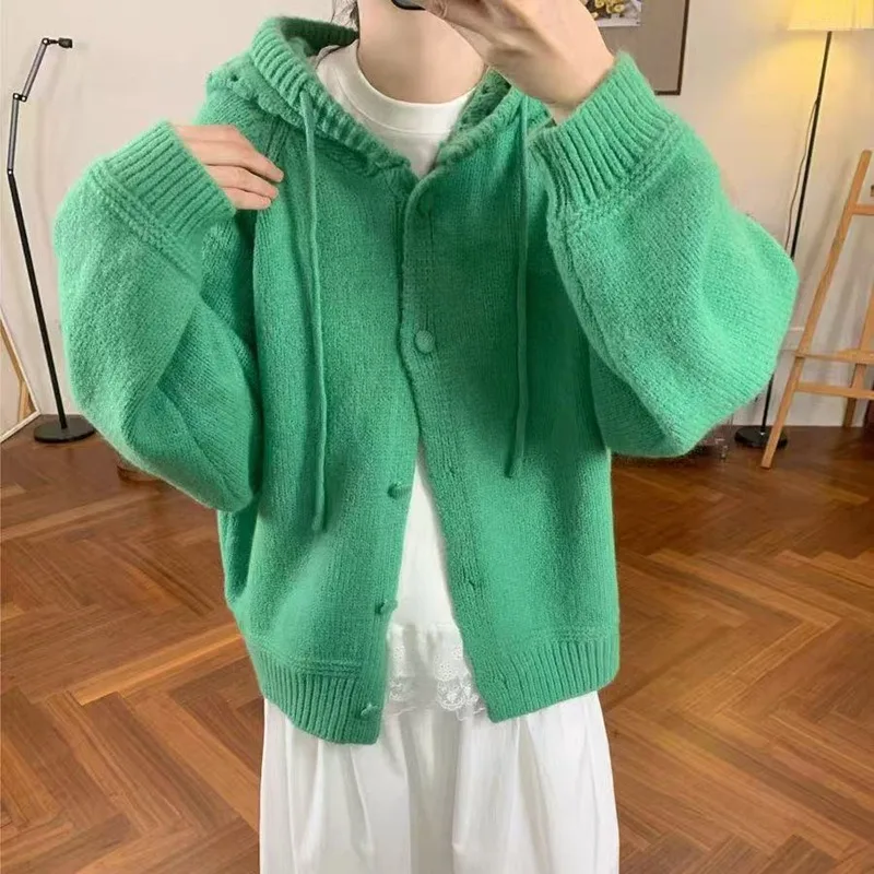 

Green Hooded Knitted Cardigan 2025 Women's Autumn Winter Vintage Solid Color Casual Sweater Tops Loose Versatile Soft Outerwear
