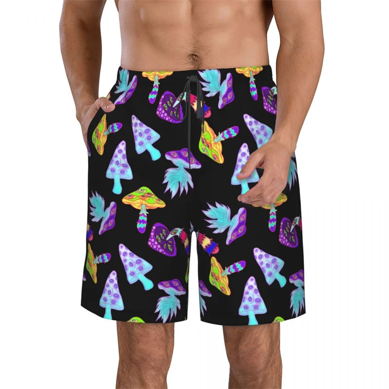 Colorido impressão 3d cogumelo luminescente praia shorts homens verão troncos de natação surf board shorts rua calças curtas de grandes dimensões