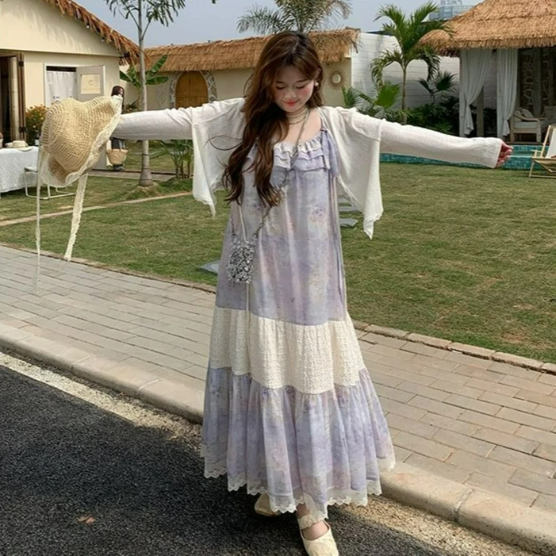 

2026 Summer Fashion Lace Patchwork Sun-protective Cardigan Two-piece Set Plus-size Sweet Chiffon Printed Halter Dress for Women