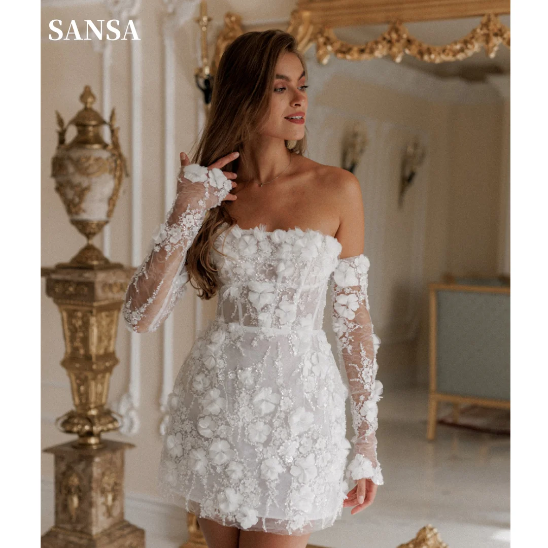 Sansa Cute Strapless Mini Wedding Dress White 3D Flower Lace Prom Dress With Glove Princess Short Mermaid Prom Gown