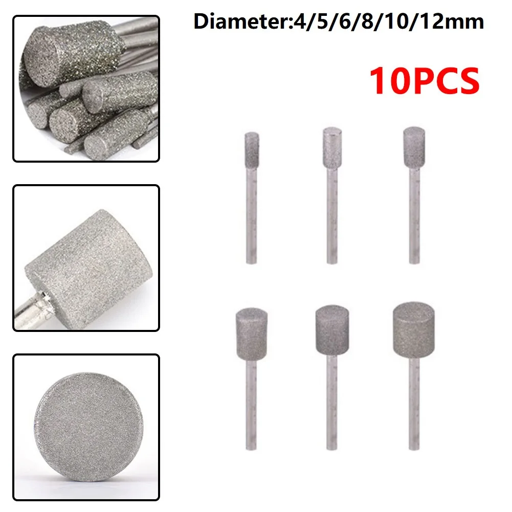 

10PCS Cylinder Diamond Grinding Head Burr Drill Bit Set For Carving Engraving Drilling 4-12mm Power Polishing Rotary Tools