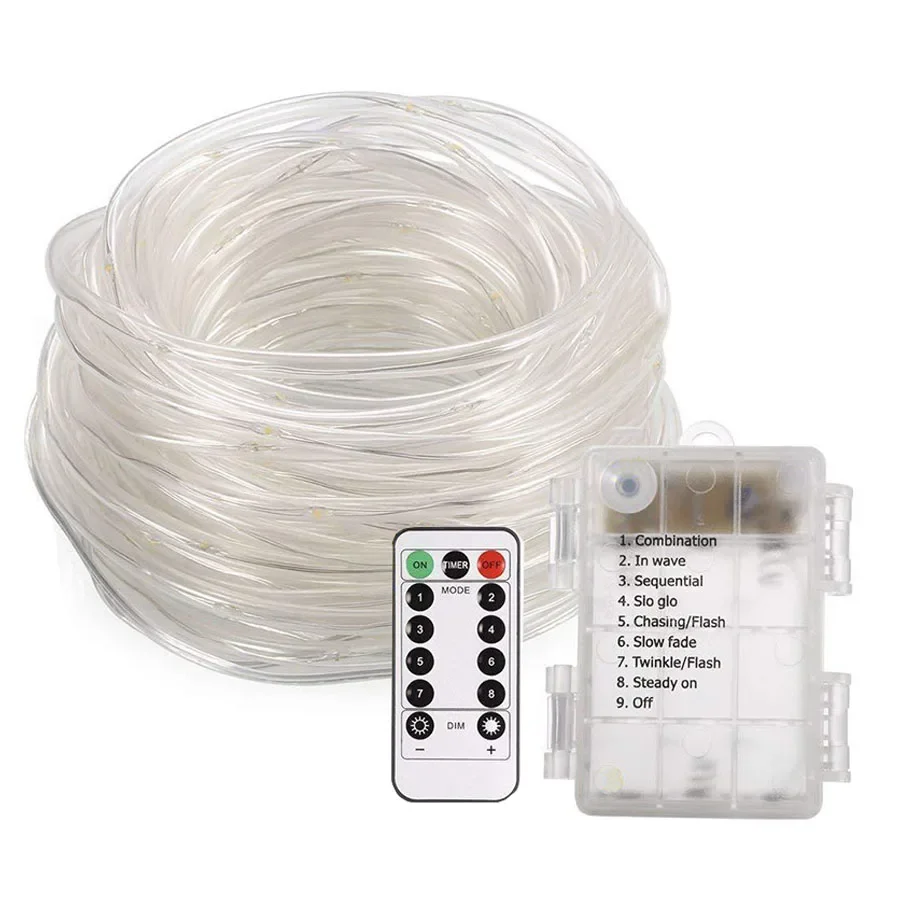 10/20/30M LED Rope Light Battery Operated Copper Wire Tube String Light 8 Modes with Remote Fairy Light for Xmas Wedding Decor
