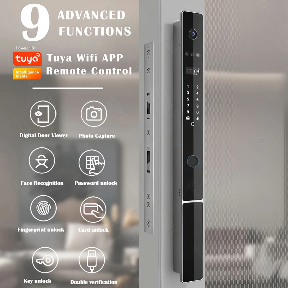 TUYA 3d Face Recognition Smart Door Lock Aluminum Glass Biometric Fingerprint Door Lock Wifi APP Doorbell Camera Digital Locks