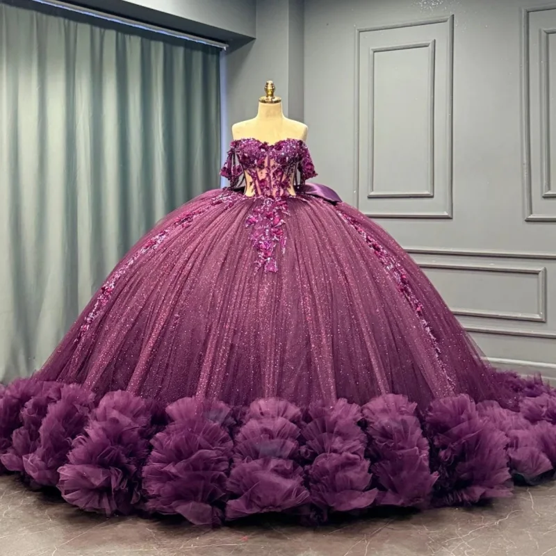 

Purple Quinceanera Dresses Off the Shoulder Glitter Decal 3D Flower Lace Ruffle Long tail Bow Vestidoe 15 Quinceanera Customize