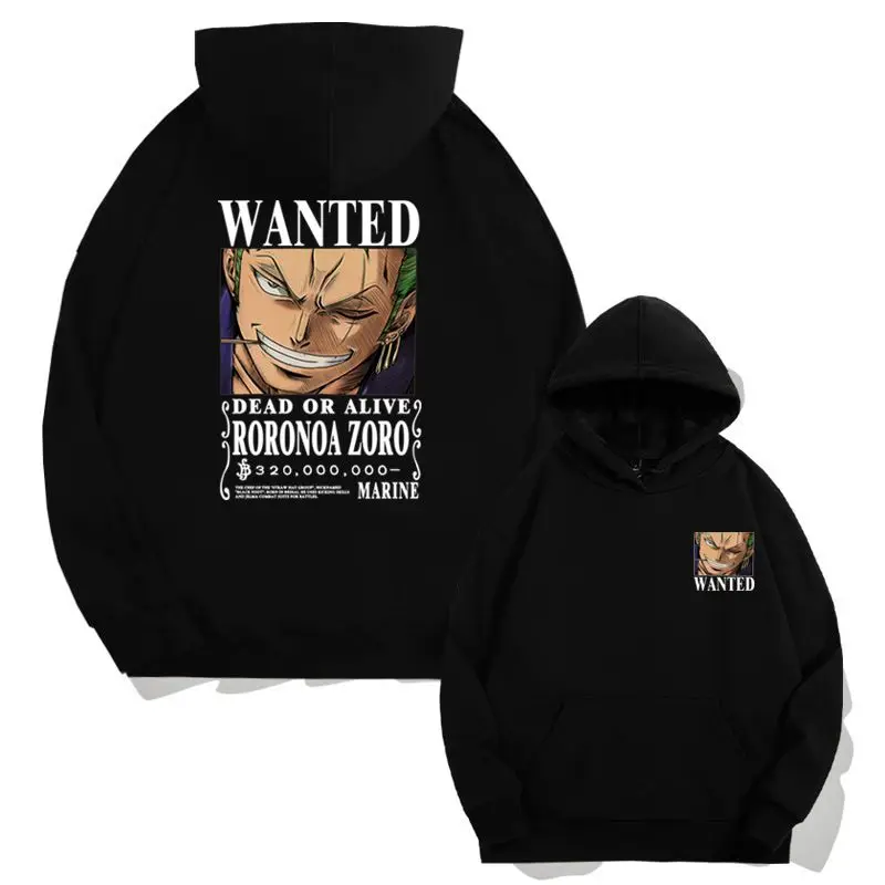 

One Piece Hoodie with Zoro Wanted Print Back Design Small Chest Logo Fleece Lined Streetwear Anime Casual​